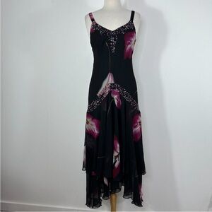 Midnight Velvet Black Maxi Dress with Pink Floral Design Size M